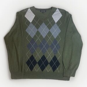 Banana Republic Silk Cashmere Blend Green Argyle V-Neck Sweater sz XL